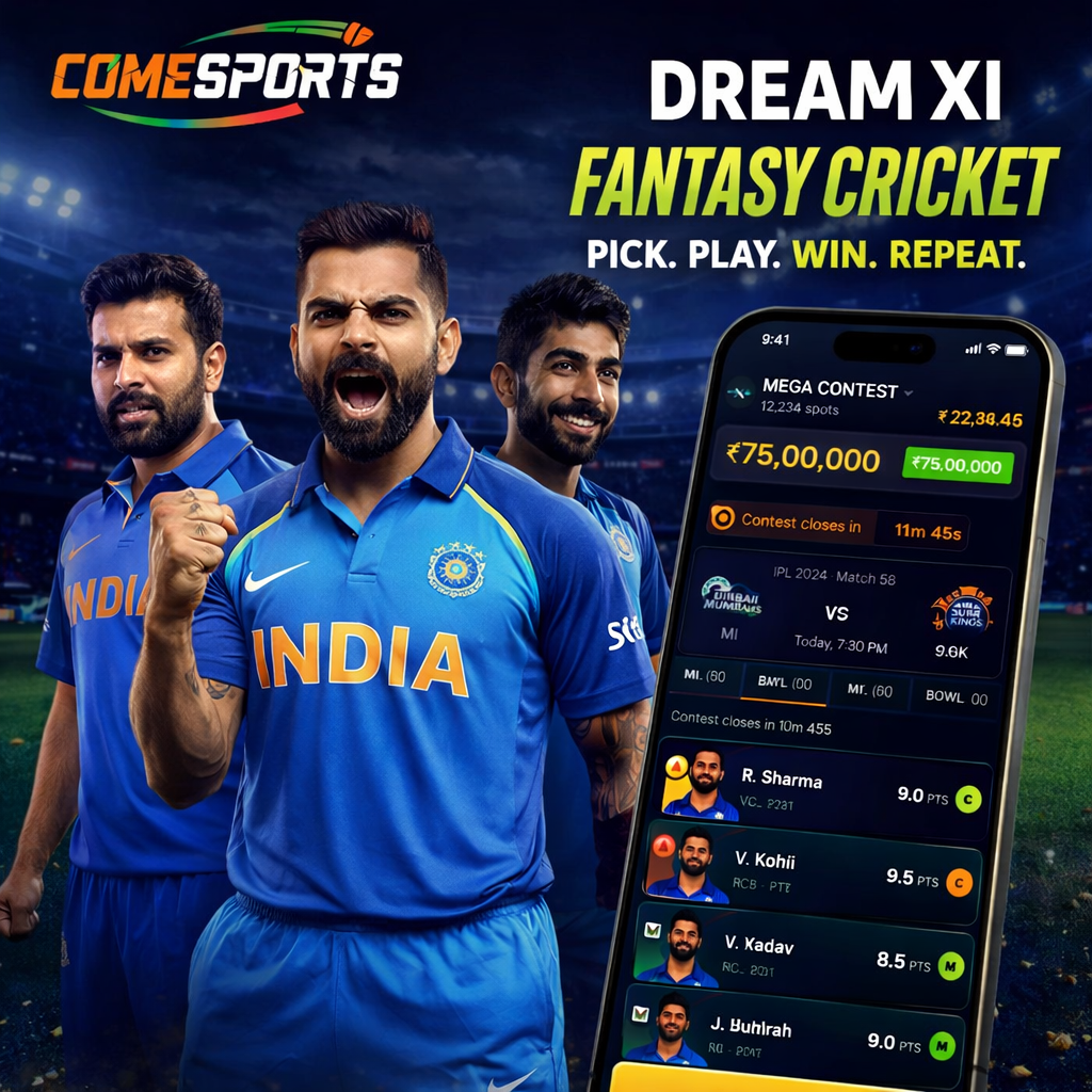 Come Cric Zone fantasy cricket and India team visual